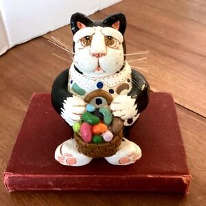 Vintage 1999 Enesco Vicki Tuxedo Cat Figurine Jelly Bean Basket Easter Decor
